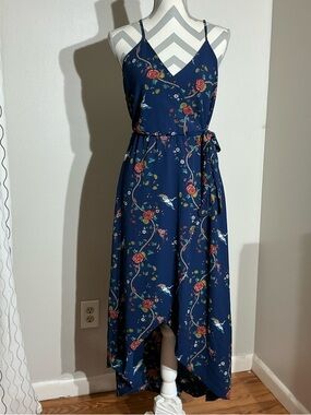 Scobe Sleeveless Navy Floral Faux Wrap Maxi Dress